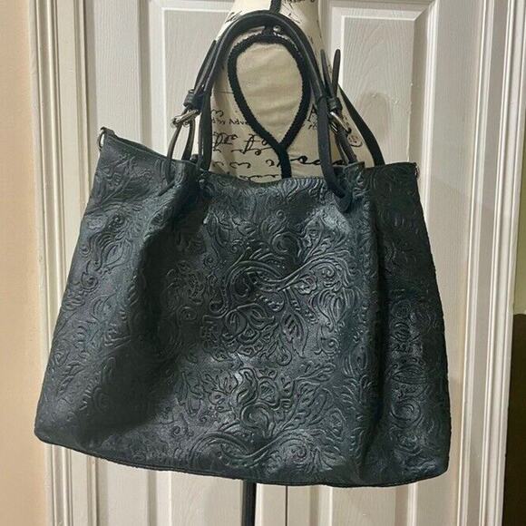 STELLA BIANCA SATCHEL CROSSBODY BAG MADE IN ITALY TOOLED EMBOSSED BLACK LEATHER - Picture 2 of 13